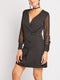 Black Mesh Sleeve  Button Detail Wrap Dress -DS1018