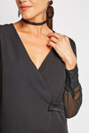 Black Mesh Sleeve  Button Detail Wrap Dress -DS1018