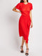 Midi Gathered Waist Red Plisse Dress with Frill Ruffle Detail -DS1028