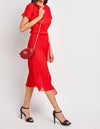 Midi Gathered Waist Red Plisse Dress with Frill Ruffle Detail -DS1028