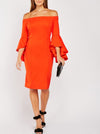 Bodycon Bardot Midi dress with flute sleeve Orange -DS1058