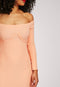 Peach Midi Bodycon Bardot Ribbed Long Sleeve Dress -DS1074