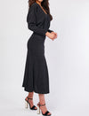 Black Midi Ruched Waist Long Sleeve Lurex Dress -DS1077