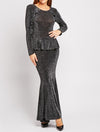 Silver Black Grey Long Sleeve Maxi Ruffle Detail Peplum Lurex Metallic Shimmer Dress -DS1081