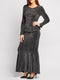 Silver Black Grey Long Sleeve Maxi Ruffle Detail Peplum Lurex Metallic Shimmer Dress -DS1081