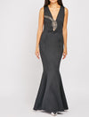 Black Embellished Crystal Detail Sleeveless Plunge Neck Fishtail Hem Dress -DS1095