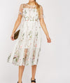 Midi White Vintage Floral Embroidery Tulle Mesh Net Overlay Dress -DS1122