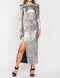 Silver Metallic Shimmer Maxi Slit High Neck Long Sleeve Plisse Pleated Dress -DS1123