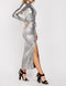 Silver Metallic Shimmer Maxi Slit High Neck Long Sleeve Plisse Pleated Dress -DS1123