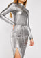 Silver Metallic Shimmer Maxi Slit High Neck Long Sleeve Plisse Pleated Dress -DS1123