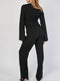 Womens Deep Plunge Flare Trumpet Hem Sleeve Jumpsuit Black -JS1002