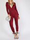 Long Sleeve Wrap Solid Wine Color Plunging Neck Jumpsuit -JS1004