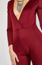 Long Sleeve Wrap Solid Wine Color Plunging Neck Jumpsuit -JS1004