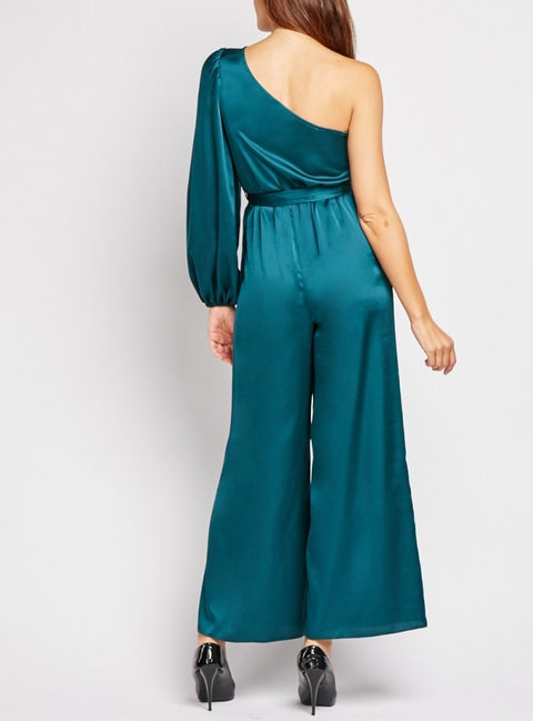 Ruffle Detail Silk One Mono Sleeve Wide Leg Belted Jumpsuit -JS1006