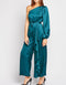 Ruffle Detail Silk One Mono Sleeve Wide Leg Belted Jumpsuit -JS1006