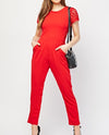 Crochet Detail Red Romper Jumpsuit -JS1009