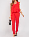 Asymmetric Drape Sleeveless Jumpsuit in red -JS1010