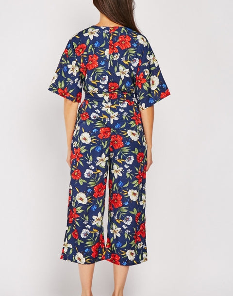 Floral Print  V Neck  Belted Jumpsuit -JS1013