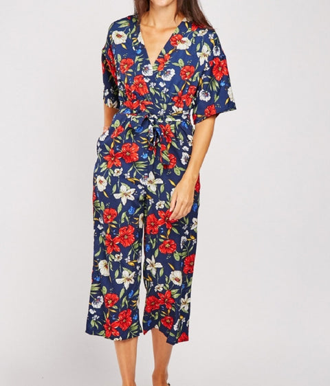 Floral Print  V Neck  Belted Jumpsuit -JS1013