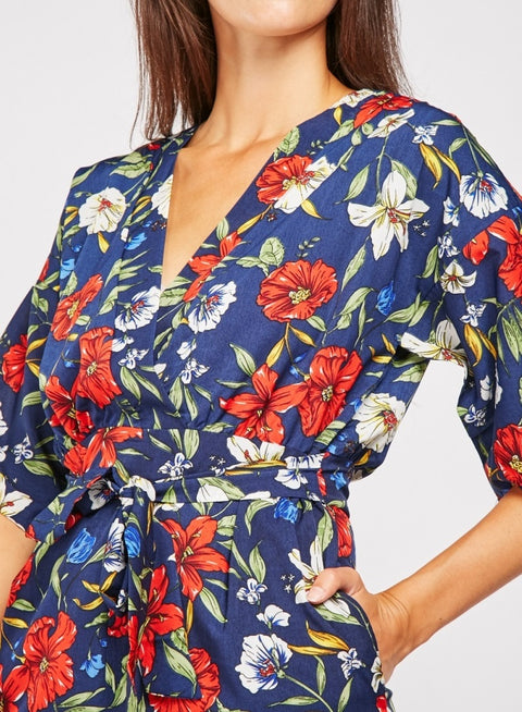 Floral Print  V Neck  Belted Jumpsuit -JS1013