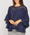 Embellished Stoned Crochet detail layered frilly poncho blouse -TP1041