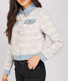 Denim Insert Detail Fancy Button Tweed Jacket -TP1050